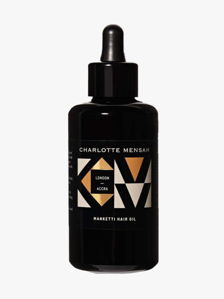 Charlotte Mensah Manketti Hair Oil black dropper bottle on light gray background